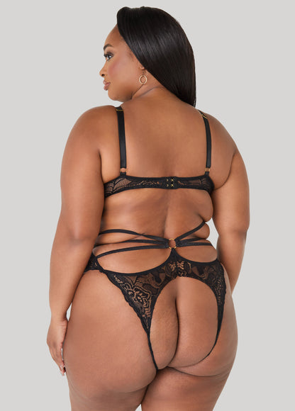 Ashley Stewart Caged Crotchless Lace Bodysuit Black