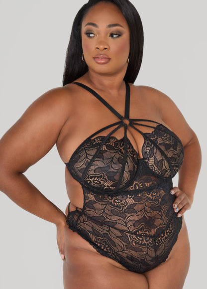 Ashley Stewart Caged Crotchless Lace Bodysuit Black