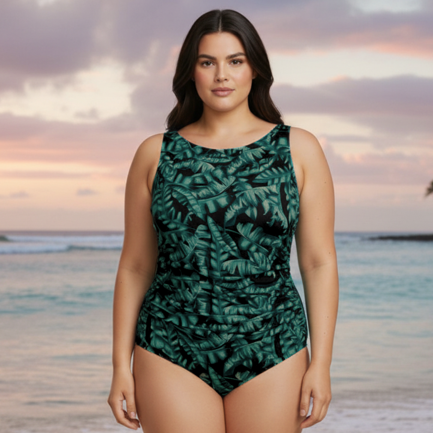 Ashley Stewart InstantFigure Tropical High Neck Swimsuit Green