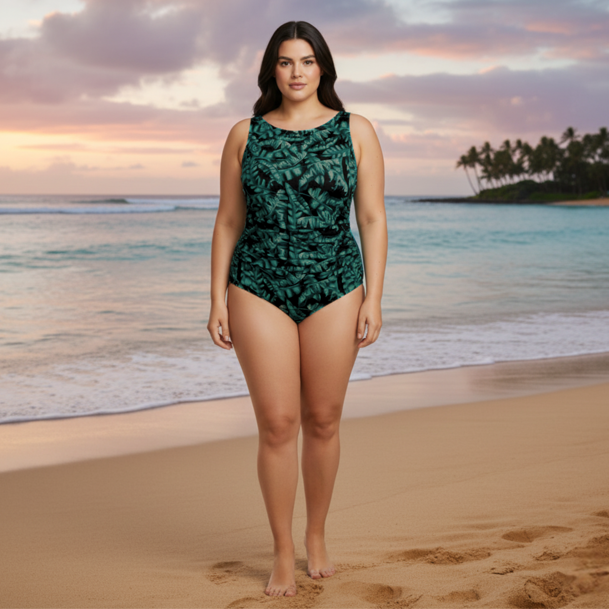Ashley Stewart InstantFigure Tropical High Neck Swimsuit Green