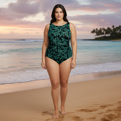 Ashley Stewart InstantFigure Tropical High Neck Swimsuit Green