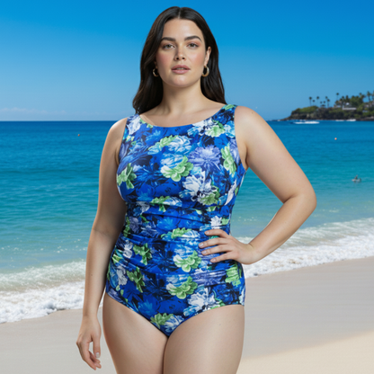 Ashley Stewart InstantFigure Floral High Neck Swimsuit Royal