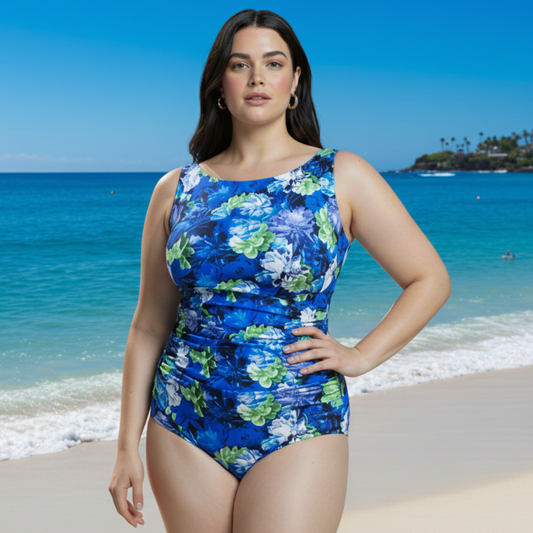 Ashley Stewart InstantFigure Floral High Neck Swimsuit Royal