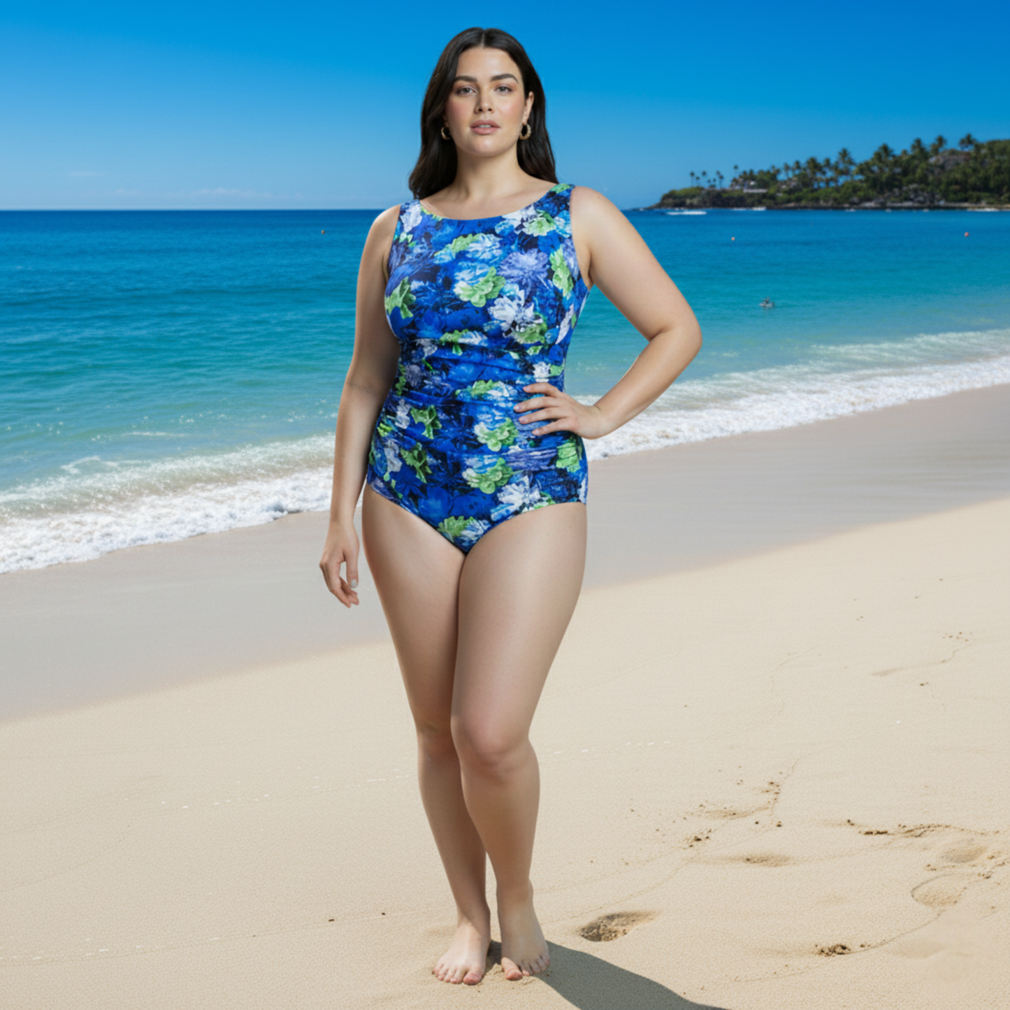 Ashley Stewart InstantFigure Floral High Neck Swimsuit Royal