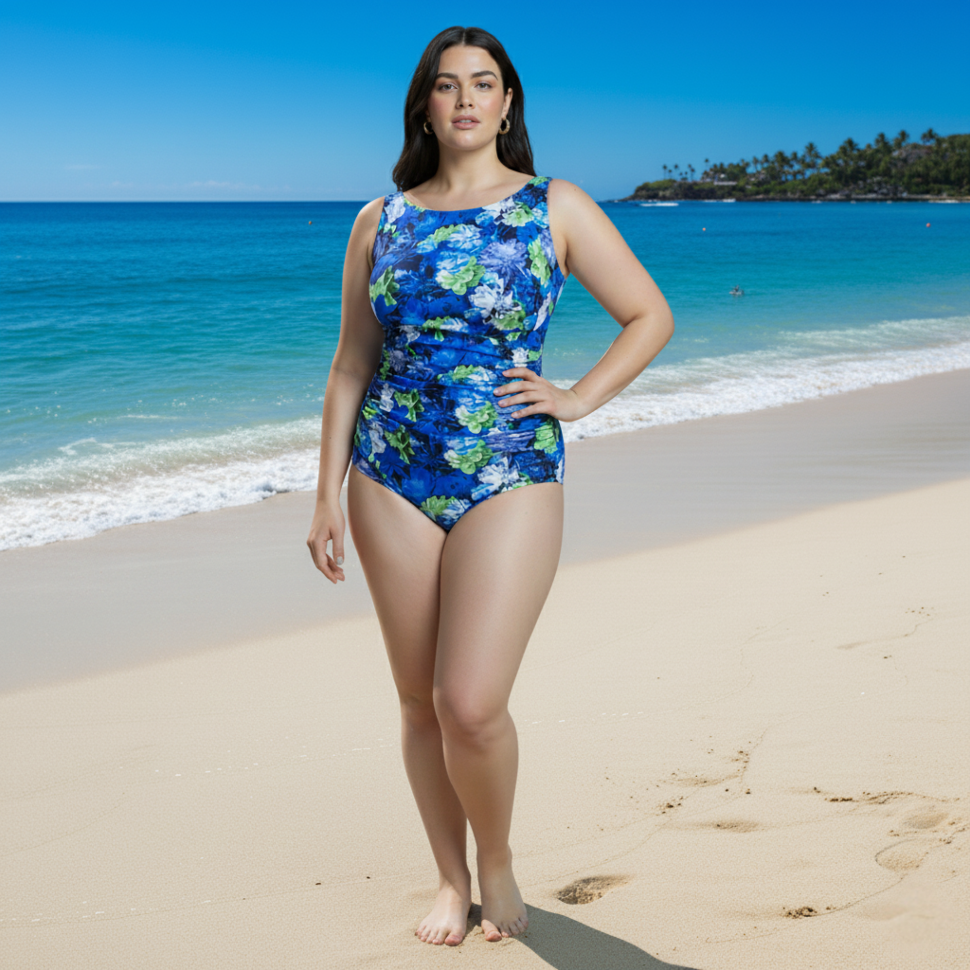 Ashley Stewart InstantFigure Floral High Neck Swimsuit Royal