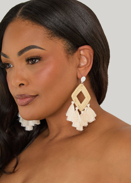Ashley Stewart Tasseled Raffia Earrings White