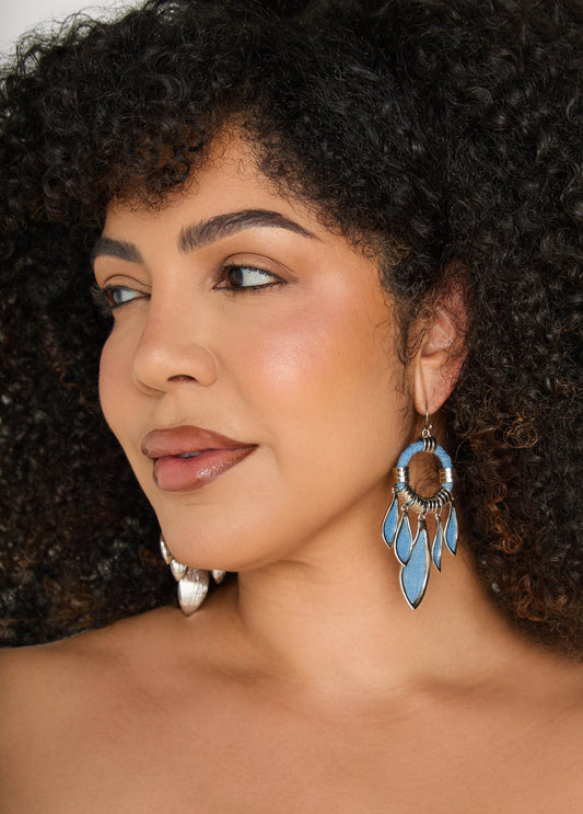 Ashley Stewart Fringed Denim Hoop Earrings Denim