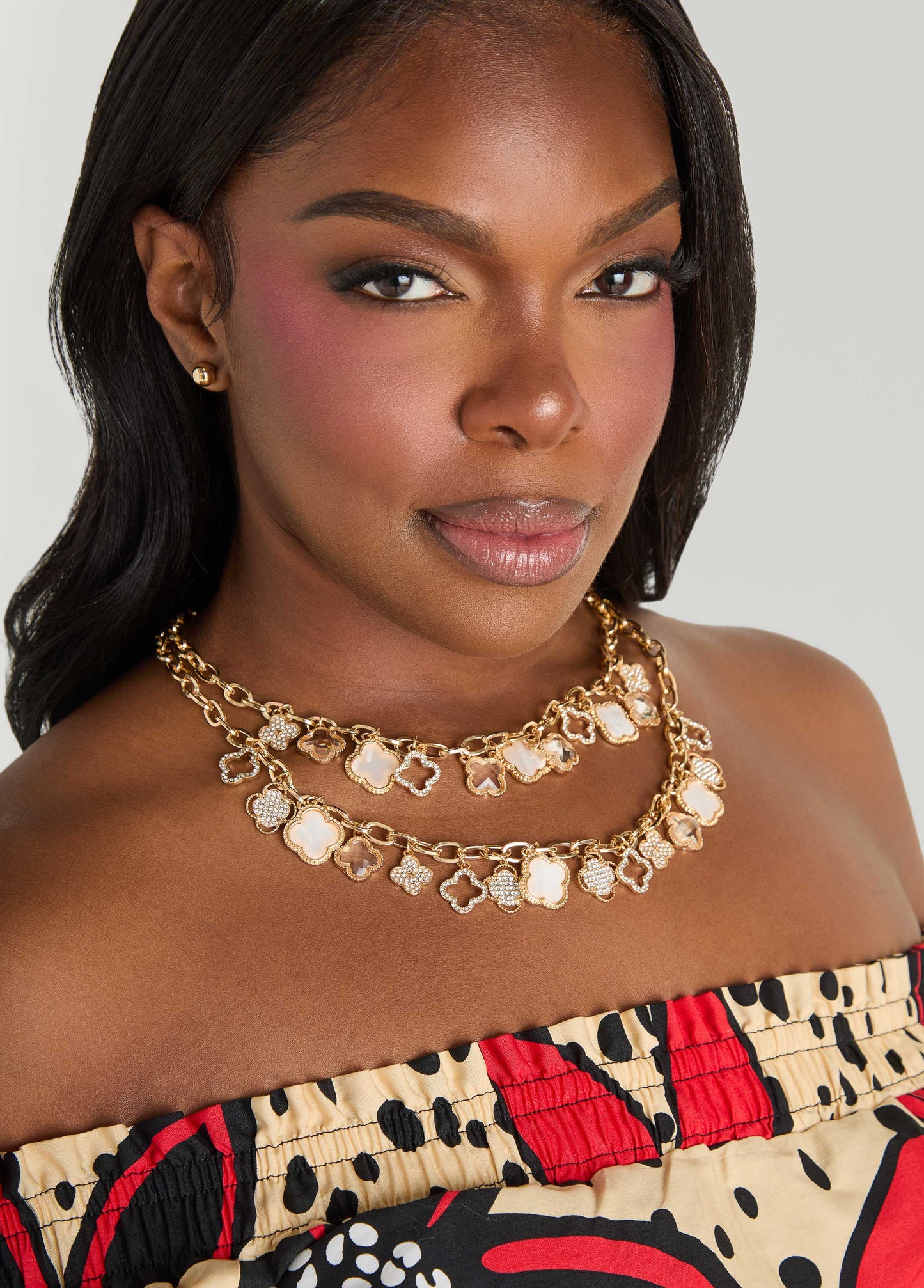Ashley Stewart Layered Clover Necklace Set Gold