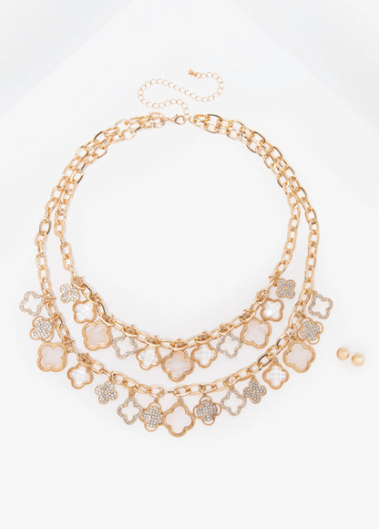 Ashley Stewart Layered Clover Necklace Set Gold