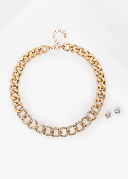 Ashley Stewart Crystal Cuban Link Necklace Set Gold