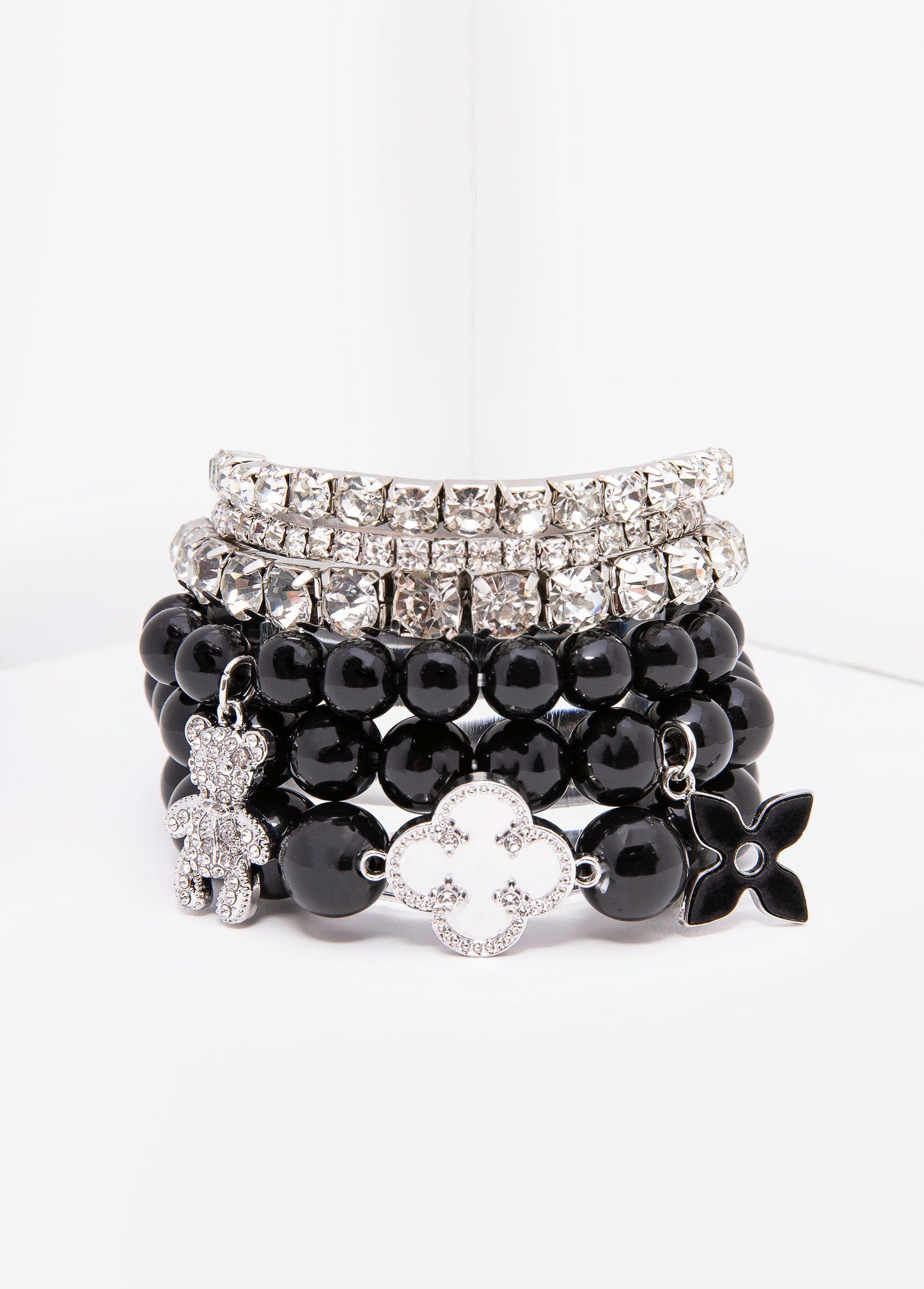 Ashley Stewart Clover Crystal And Bead Bracelets Black