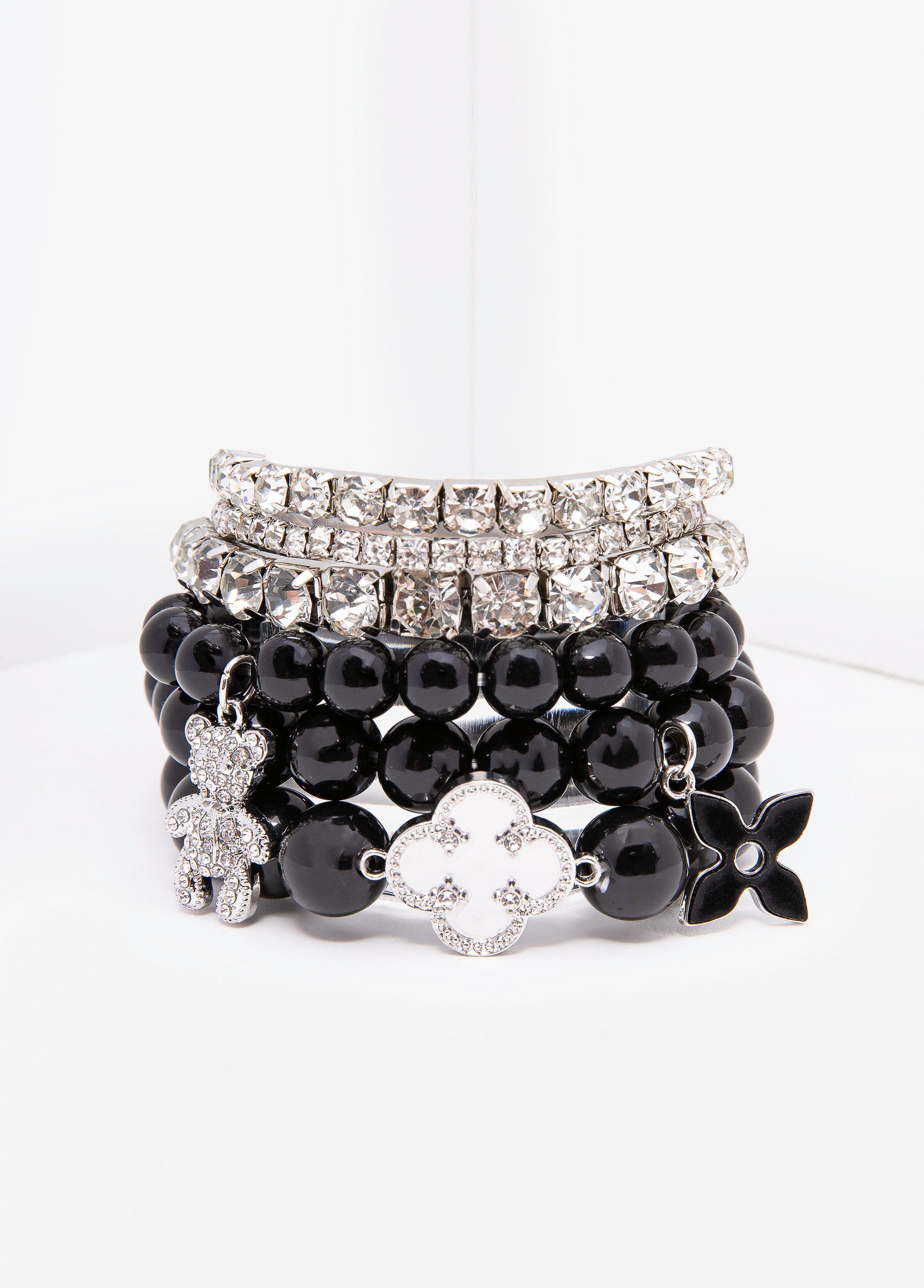 Ashley Stewart Clover Crystal And Bead Bracelets Black