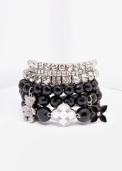 Ashley Stewart Clover Crystal And Bead Bracelets Black