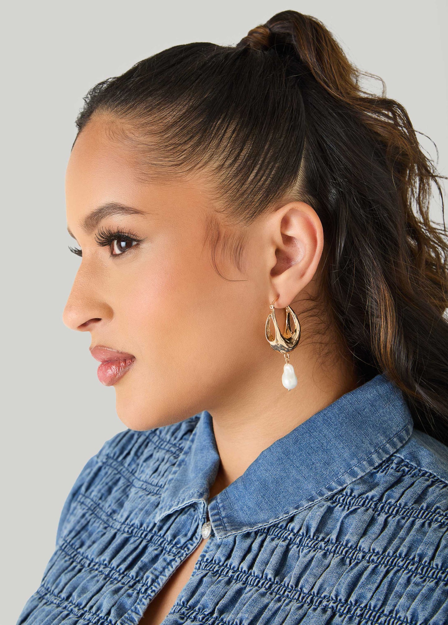 Ashley Stewart Faux Pearl Gold Huggie Earrings Gold