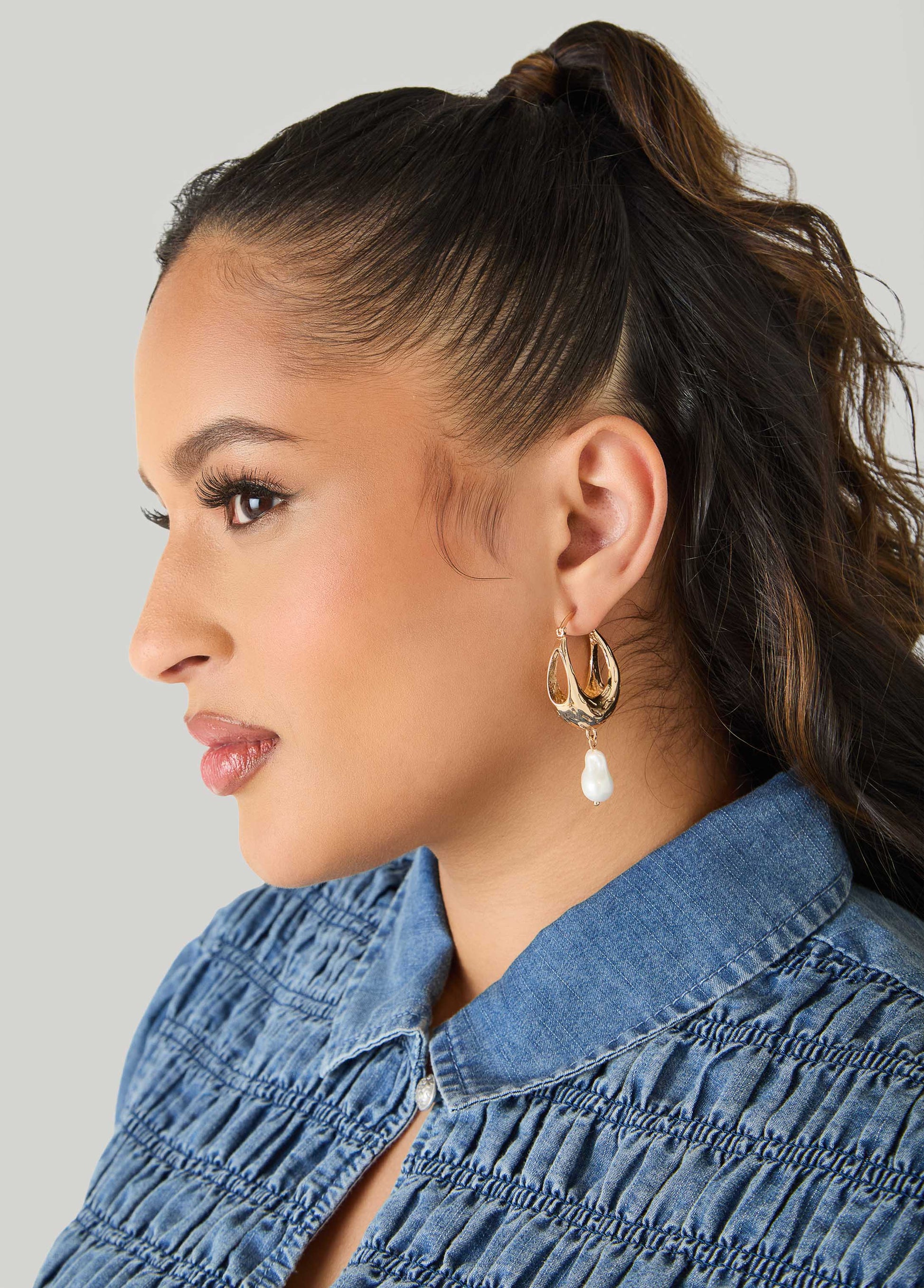 Ashley Stewart Faux Pearl Gold Huggie Earrings Gold