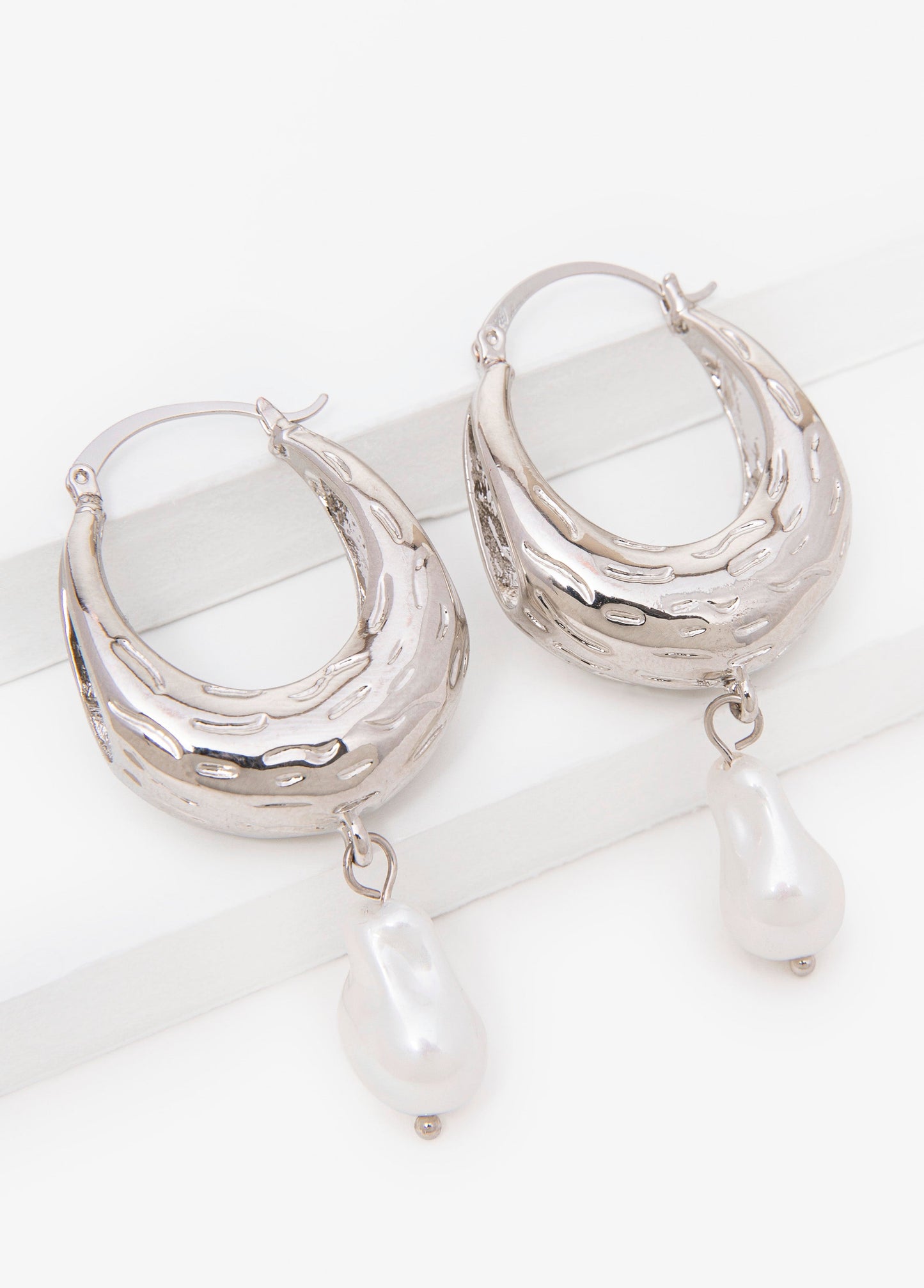 Ashley Stewart Faux Pearl Silver Huggie Earrings Silver