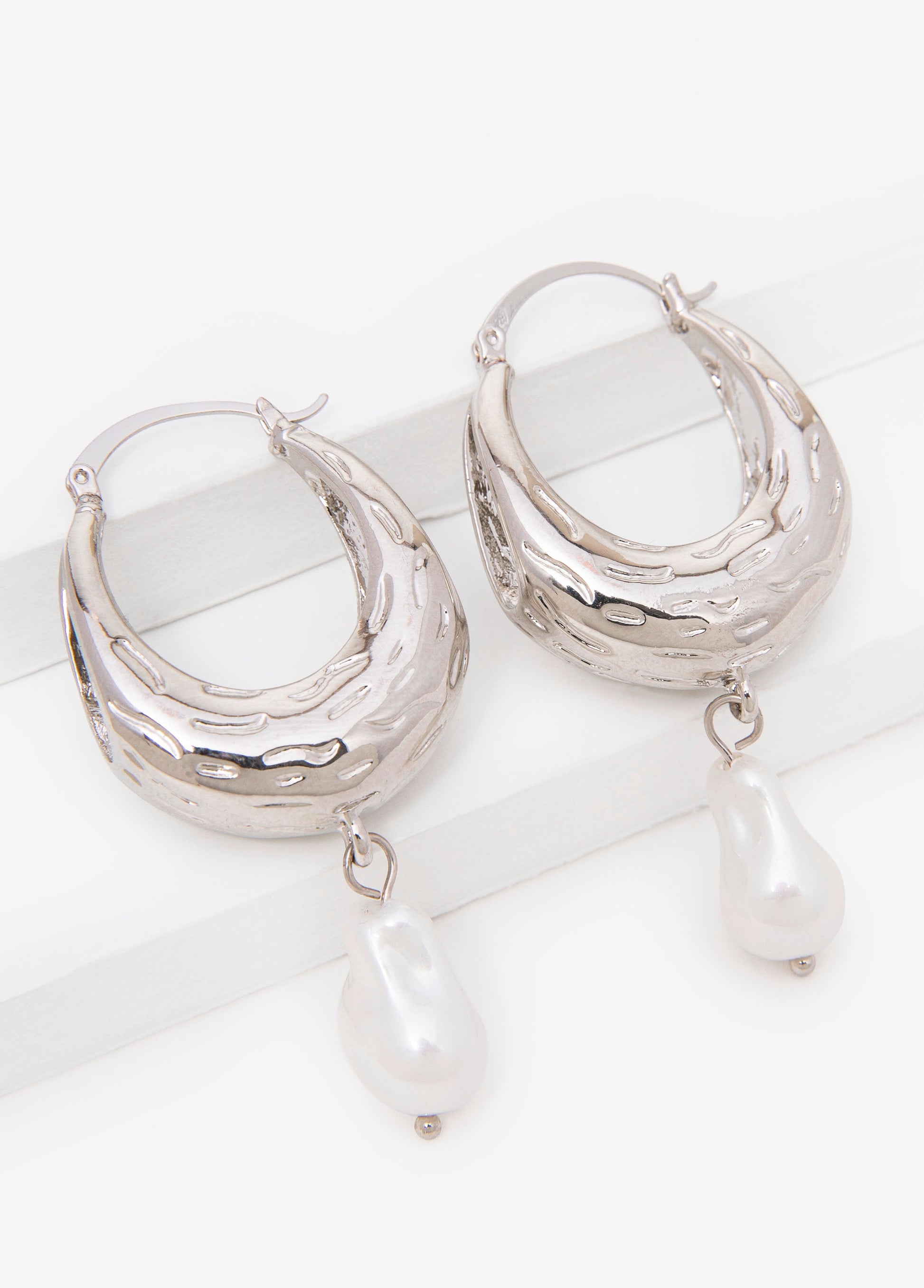 Ashley Stewart Faux Pearl Silver Huggie Earrings Silver