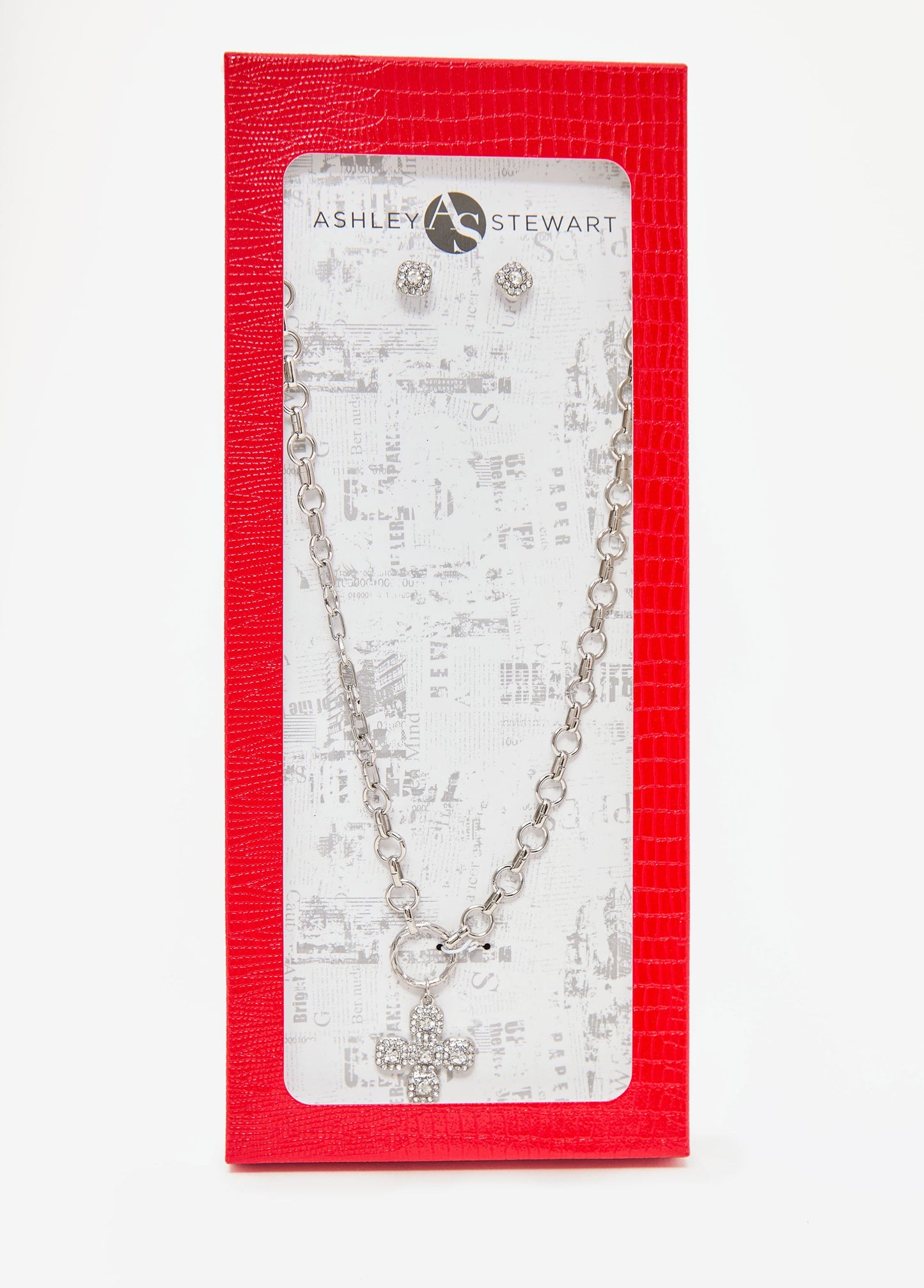 Ashley Stewart Crystal Cross Necklace Box Set Silver