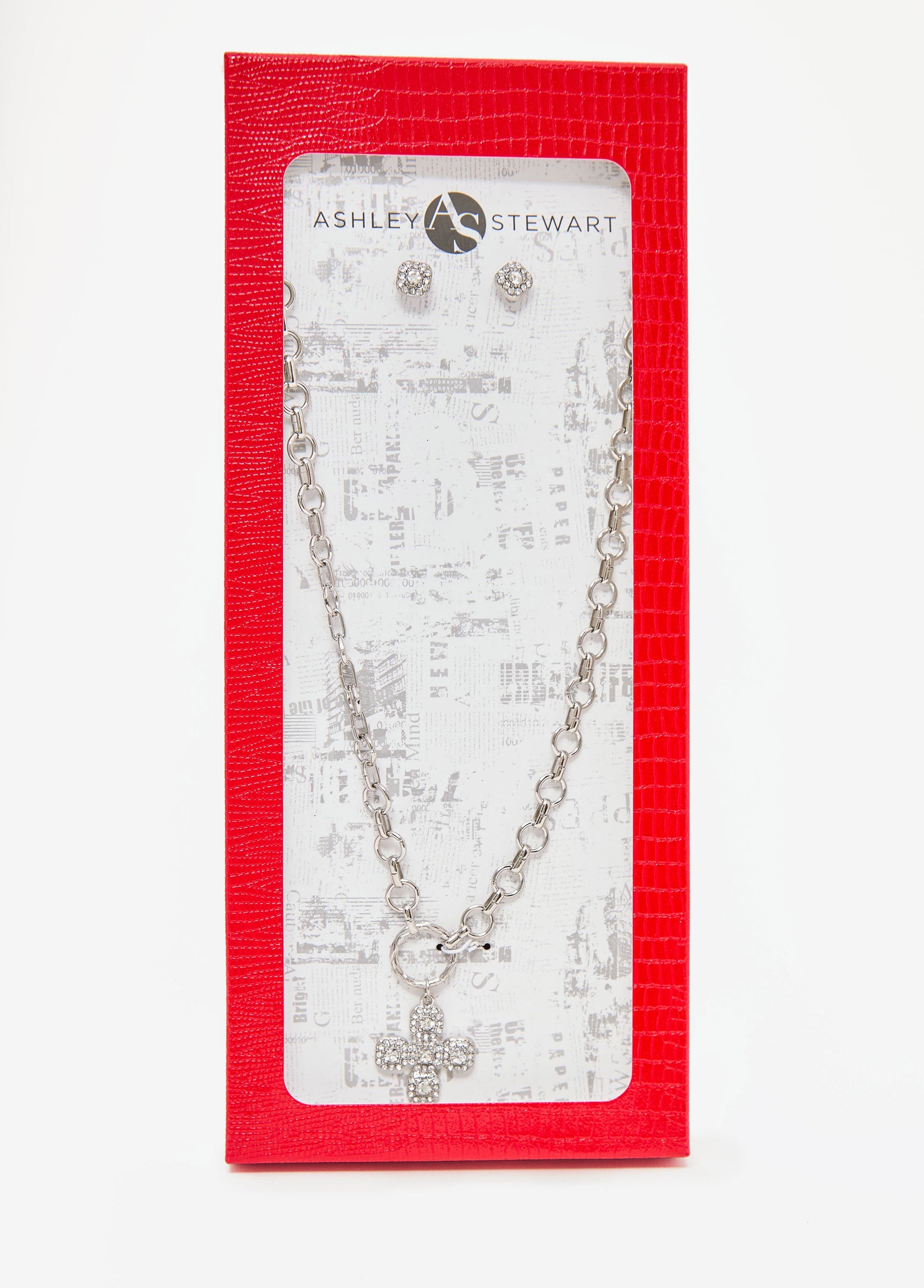 Ashley Stewart Crystal Cross Necklace Box Set Silver