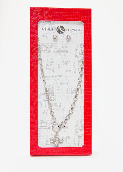 Ashley Stewart Crystal Cross Necklace Box Set Silver