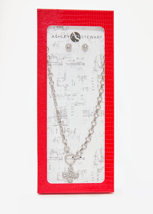 Ashley Stewart Crystal Cross Necklace Box Set Silver