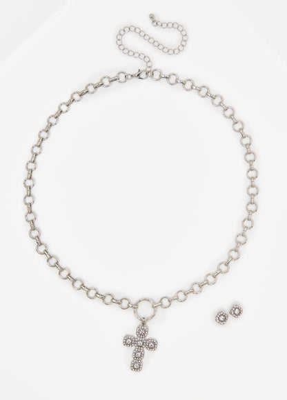 Ashley Stewart Crystal Cross Necklace Box Set Silver