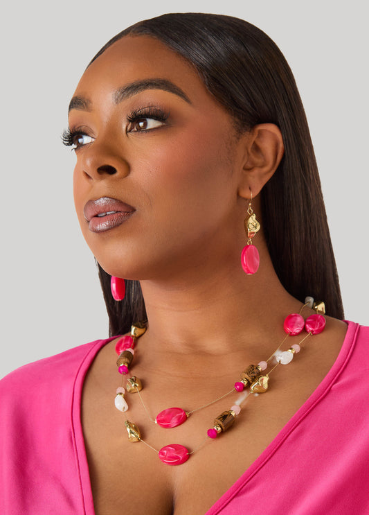 Ashley Stewart Wood And Bead Necklace Set Calypso Coral