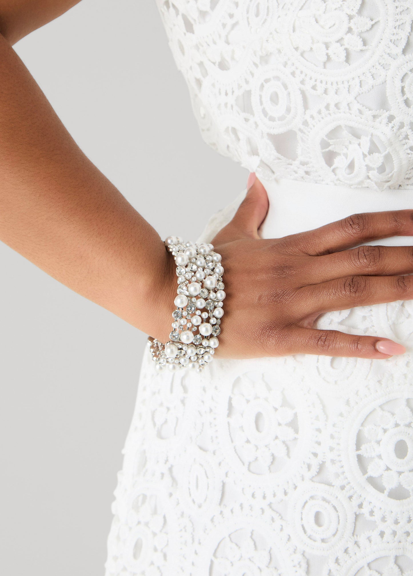 Ashley Stewart Faux Pearl And Crystal Bracelet Silver
