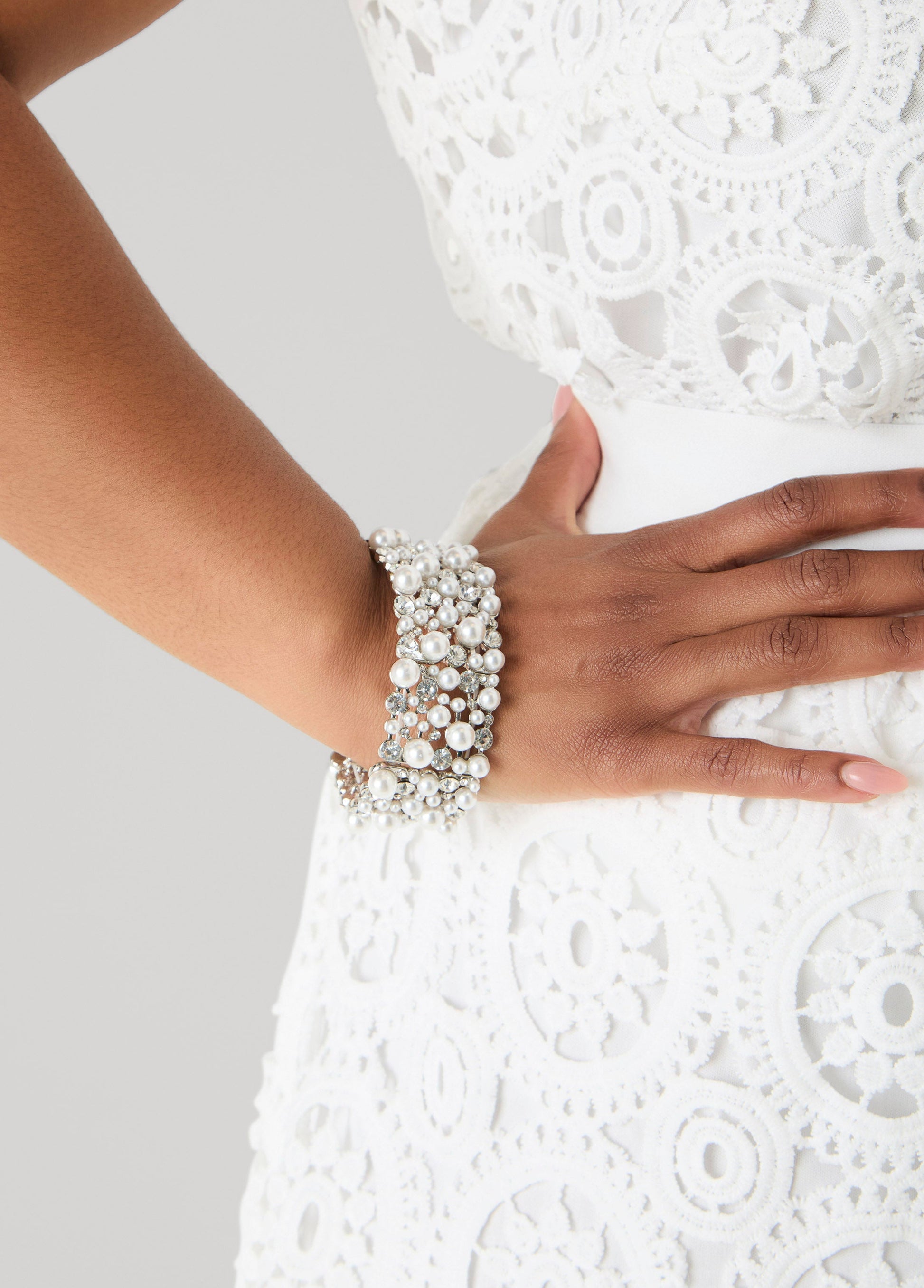 Ashley Stewart Faux Pearl And Crystal Bracelet Silver