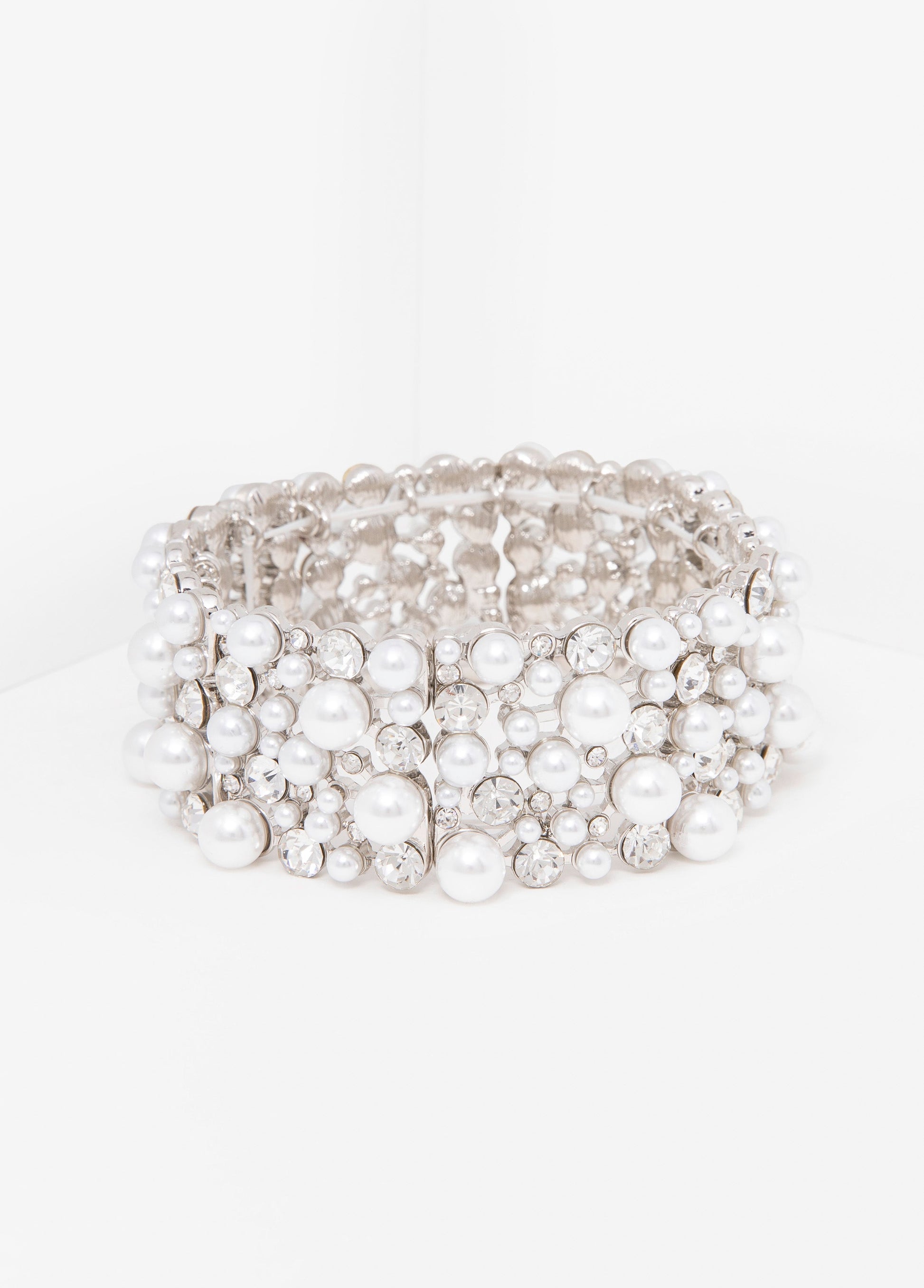 Ashley Stewart Faux Pearl And Crystal Bracelet Silver