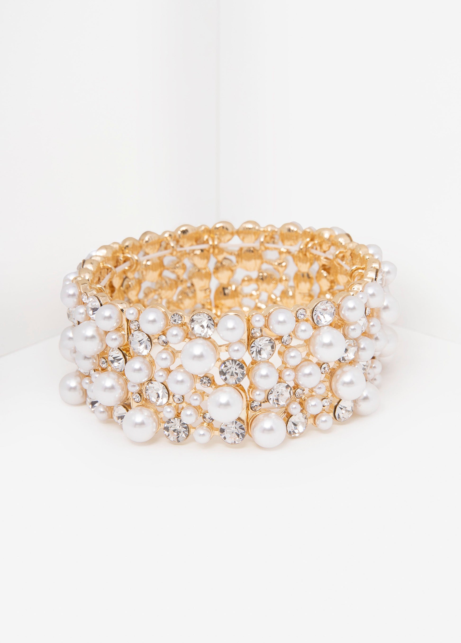 Ashley Stewart Crystal And Faux Pearl Bracelet Gold