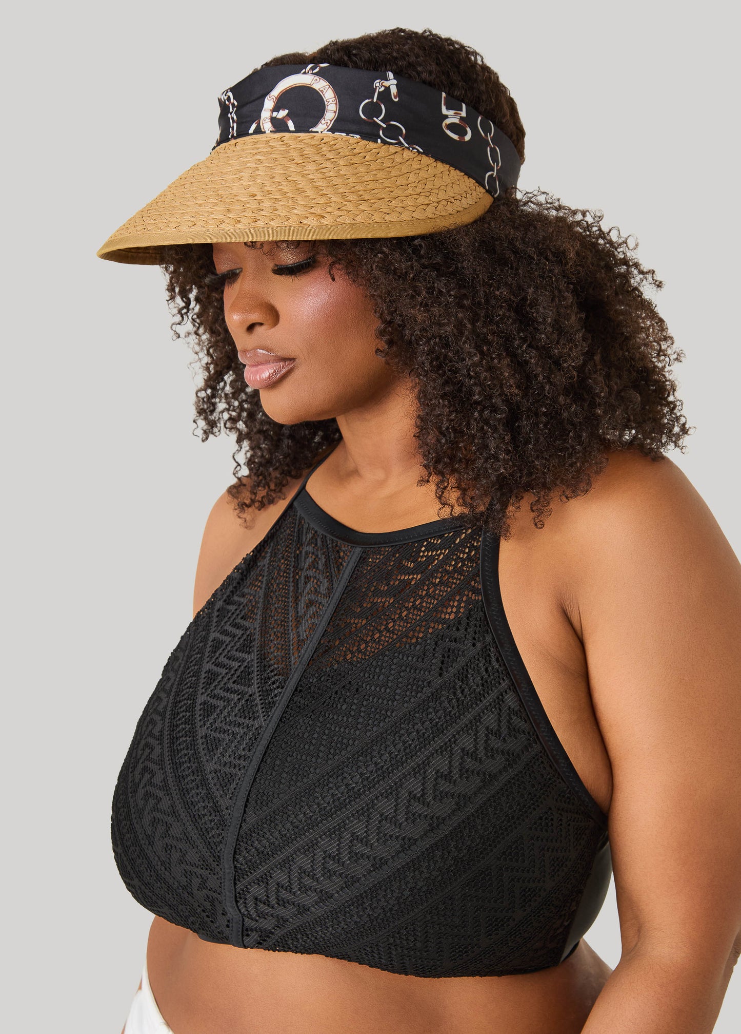 Ashley Stewart Scarf Paneled Straw Visor Natural