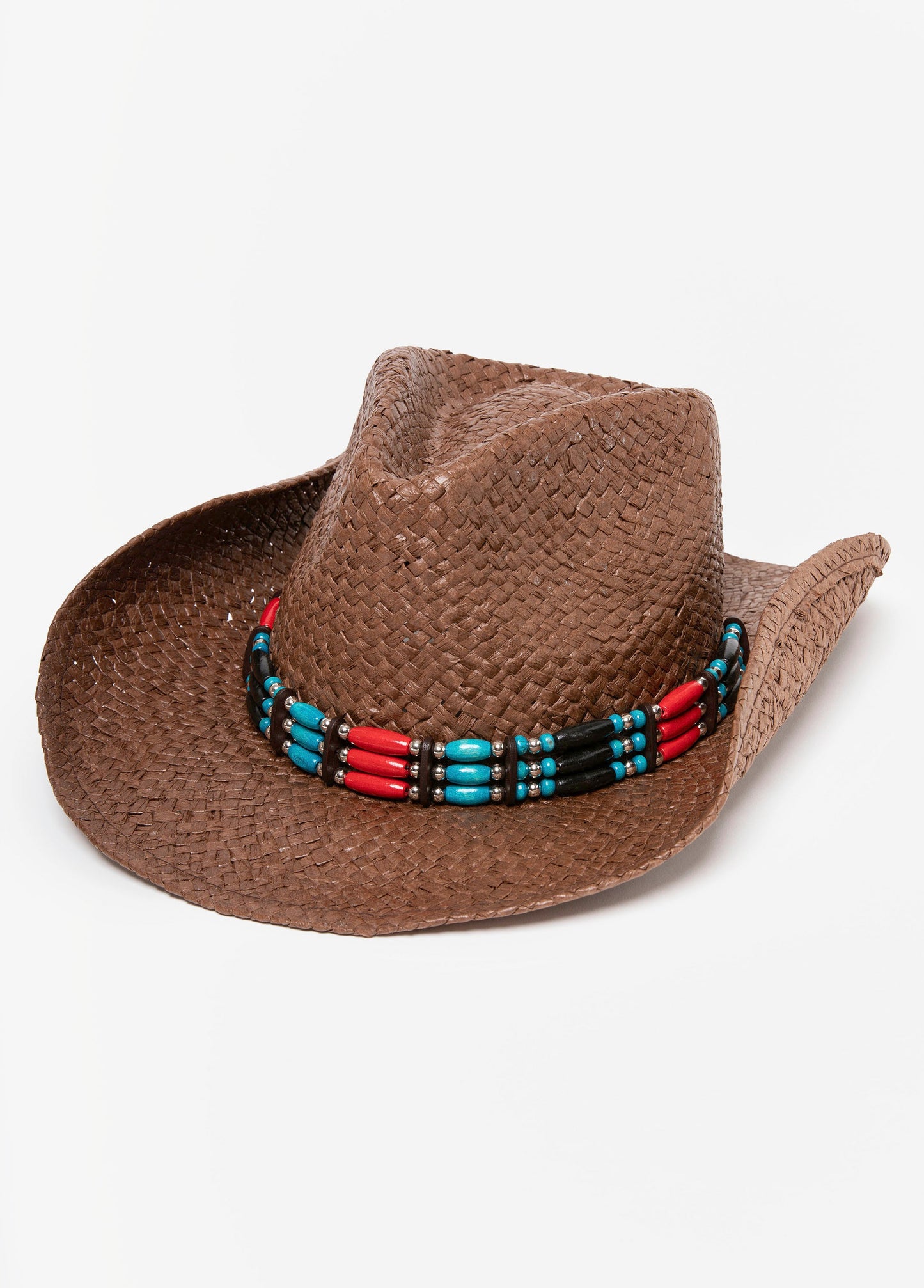 Ashley Stewart Beaded Straw Cowboy Hat Brown