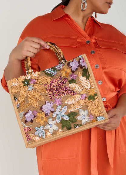 Ashley Stewart Floral Embellished Canvas Tote Multi
