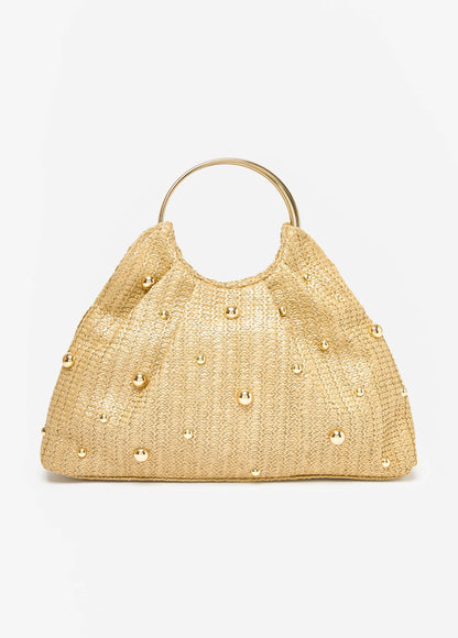 Ashley Stewart Studded Straw Hobo Bag Natural