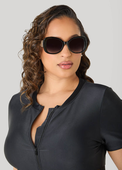 Ashley Stewart Chain Trim Round Frame Sunglasses Black