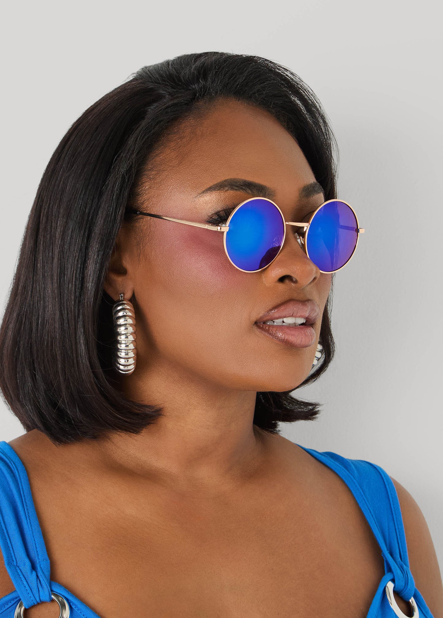 Ashley Stewart Reflective Round Frame Sunglasses Blue
