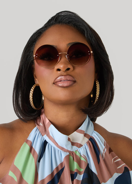 Ashley Stewart Tinted Round Frame Sunglasses Brown