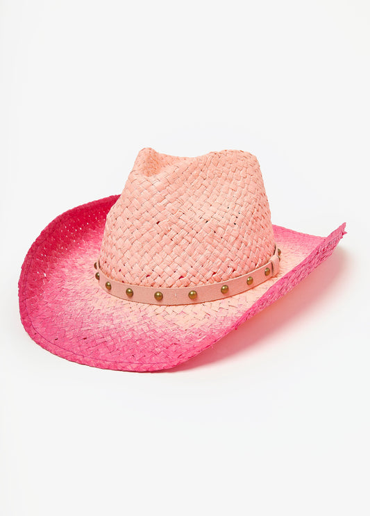 Ashley Stewart Studded Ombre Straw Cowboy Hat Pink