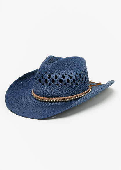 Ashley Stewart Studded Straw Cowboy Hat Blue