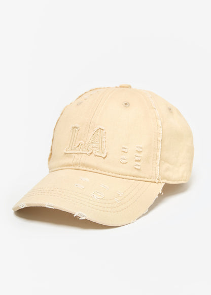 Ashley Stewart Distressed LA Denim Baseball Hat Ivory
