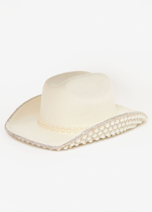 Ashley Stewart Trendy Accessory Felt Rhinestone Crystal Pearl Cowboy Hats Fedora White