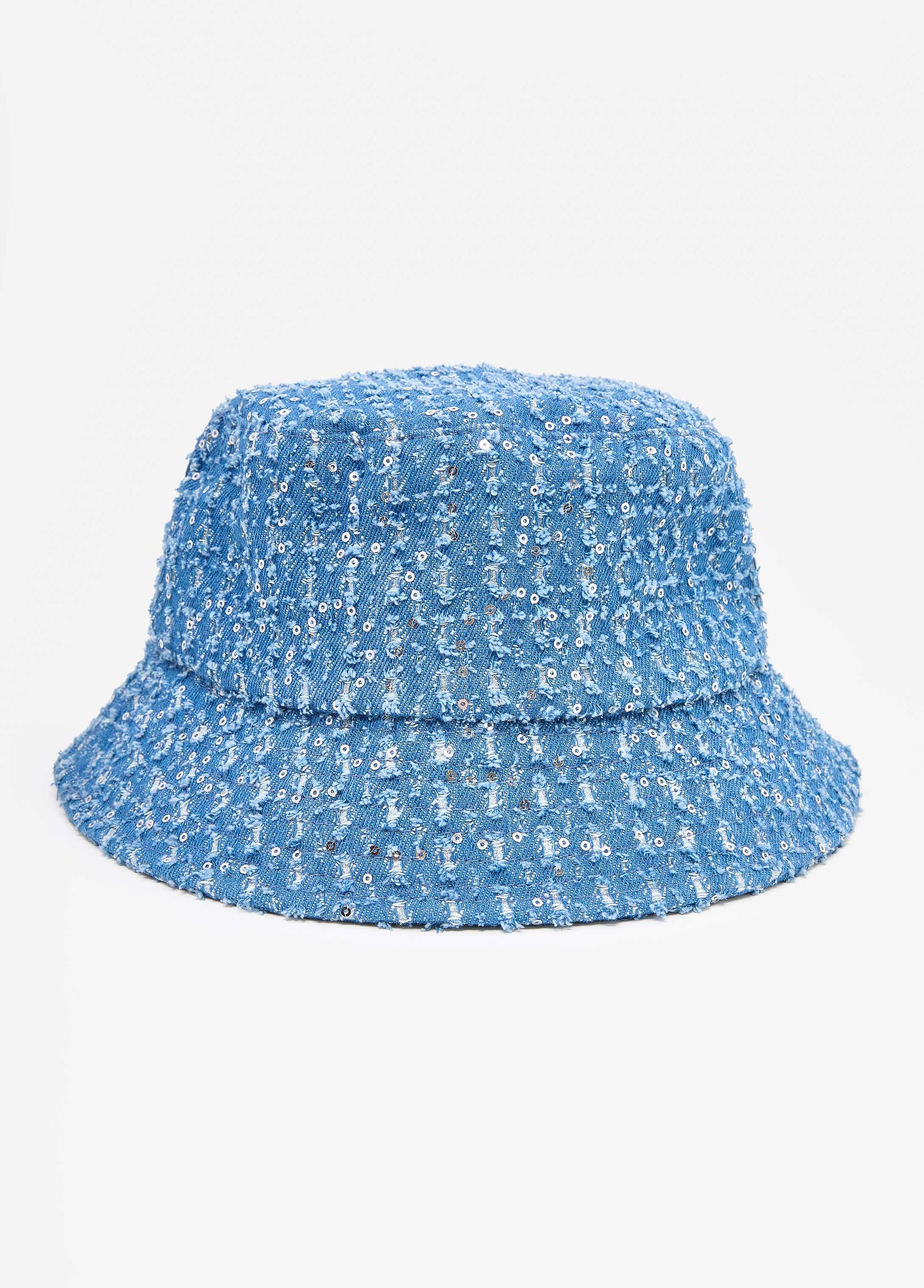 Ashley Stewart Distressed Sequin Denim Bucket Hat Denim