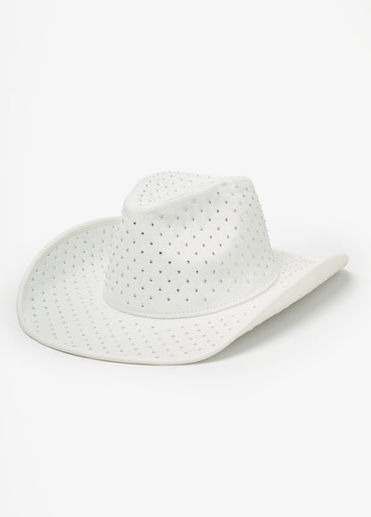 Ashley Stewart Crystal Denim Cowboy Hat White