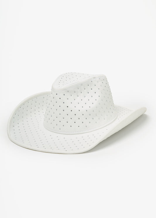 Ashley Stewart Crystal Denim Cowboy Hat White