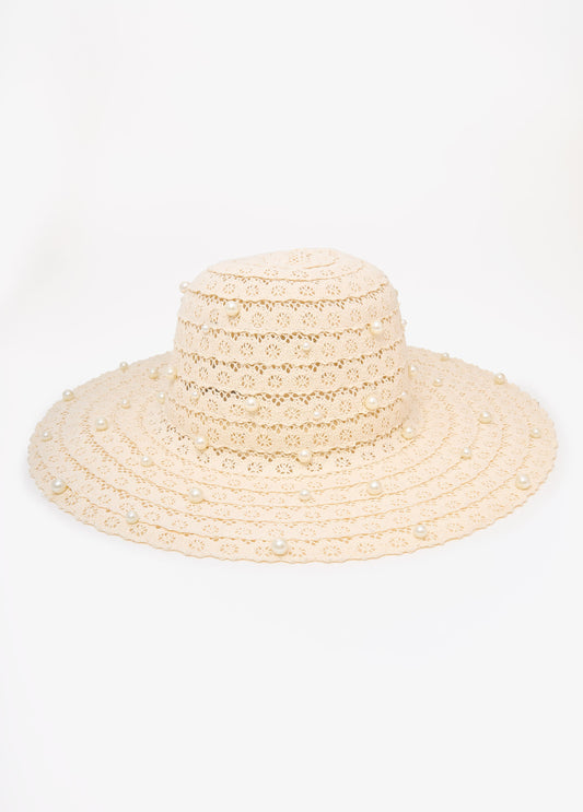 Ashley Stewart Faux Pearl Crochet Hat White