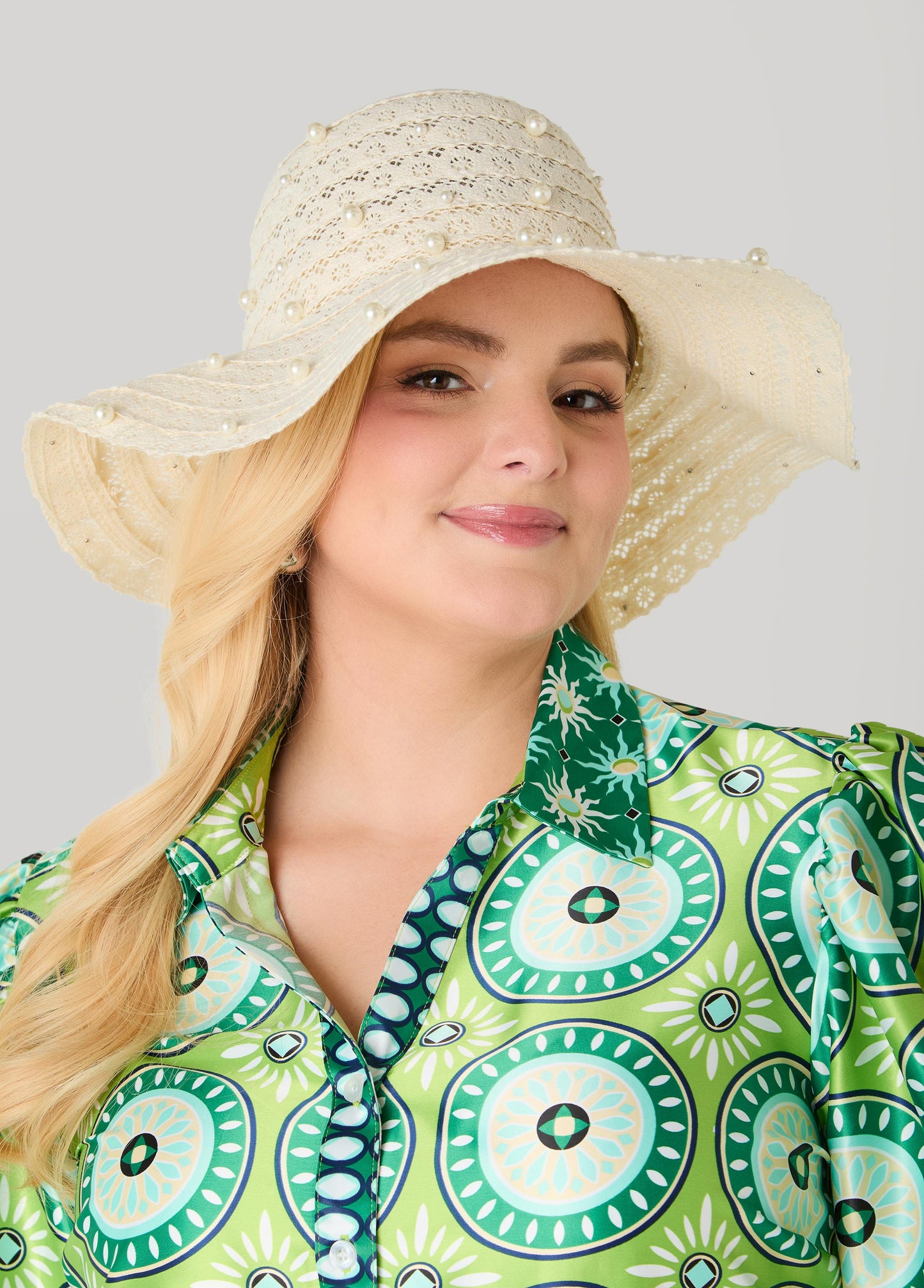 Ashley Stewart Faux Pearl Crochet Hat White