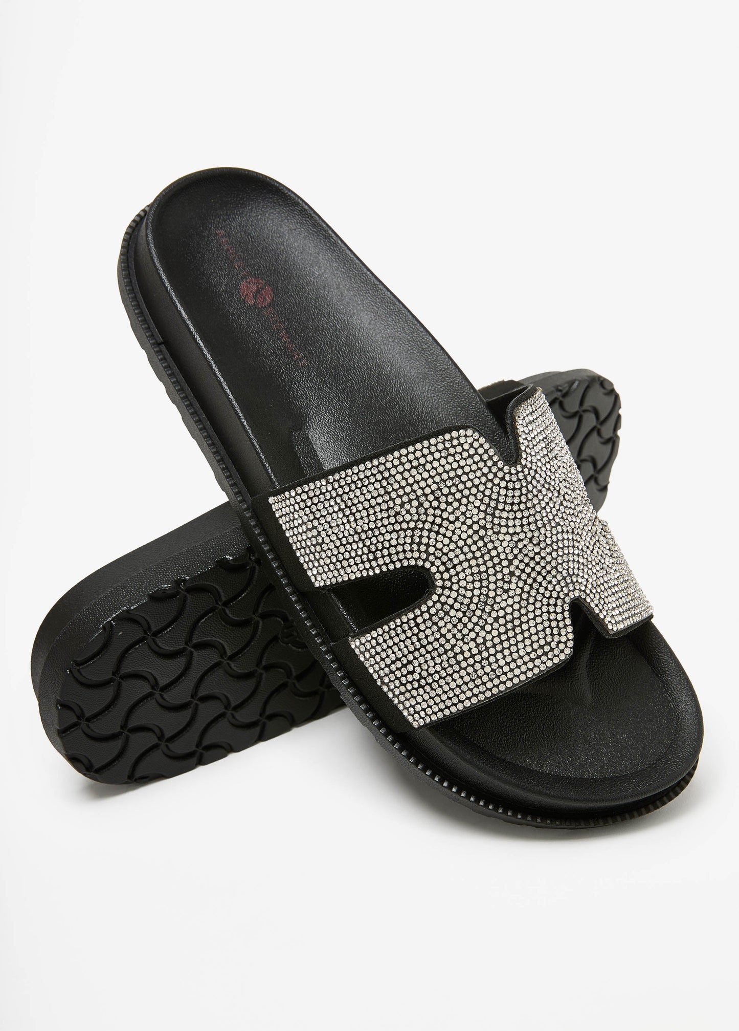 Ashley Stewart Crystal Cutout Slide Sandals Black