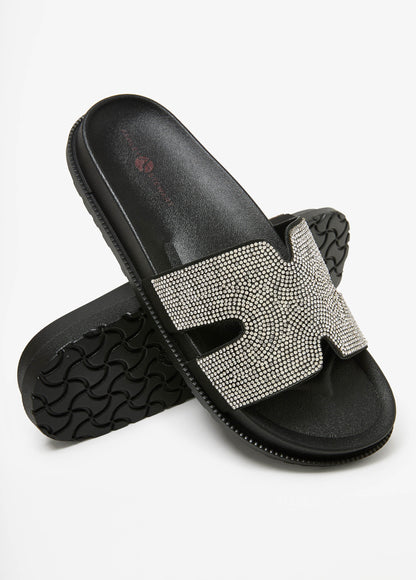 Ashley Stewart Crystal Cutout Slide Sandals Black