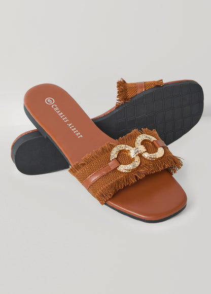 Ashley Stewart Frayed Hammered Ring Mules Brown